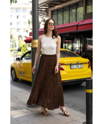 Premium Seri Kırışık Uzun Etek-Kahverengi
