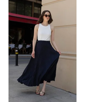 Premium Seri Kırışık Uzun Etek-Lacivert