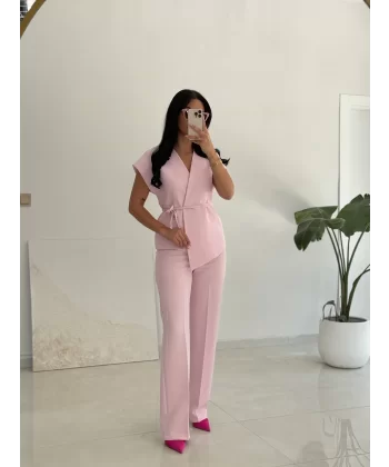 Luna Bağlamalı Yelek Pantolon Takım-Pembe