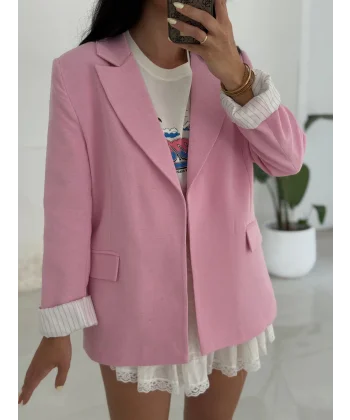 Çizgi Astarlı Keten Ceket-Pembe