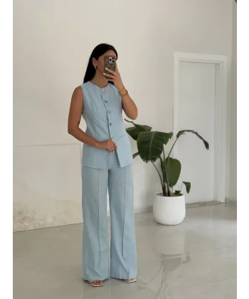 Karma Düğme Keten Yelek Pantolon Takım-Mavi