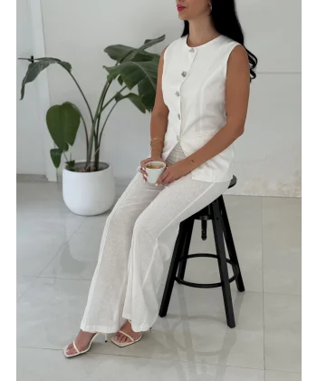 Karma Düğme Keten Yelek Pantolon Takım-Beyaz