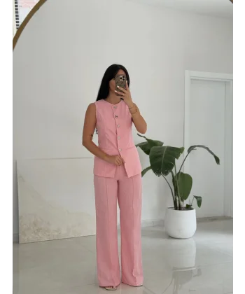 Karma Düğme Keten Yelek Pantolon Takım-Pembe