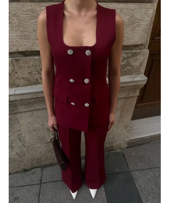 TAŞ DÜĞME BORDO YELEK PANTOLON TAKIM