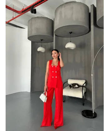 TAŞ DÜĞME KIRMIZI YELEK PANTOLON TAKIM 