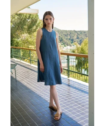 Premium Seri Sıfır Kol Keten Elbise-Mavi