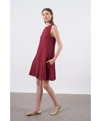 Premium Seri Sıfır Kol Keten Elbise-Bordo