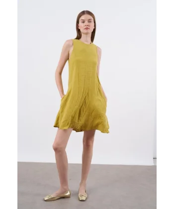 Premium Seri Sıfır Kol Keten Elbise-Hardal