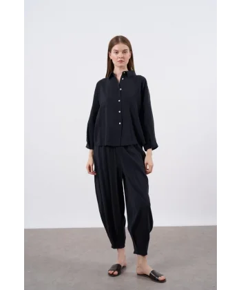 Siyah Keten Gömlek Pantolon Takım