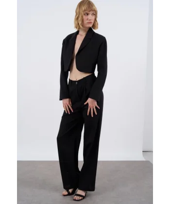 Premium Seri Siyah Keten Crop Ceket Pantolon Takım