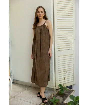 Boncuk Askılı Uzun Elbise-Kahve