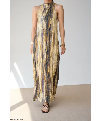 Sienna Batik Desenli Pliseli Maxi Elbise