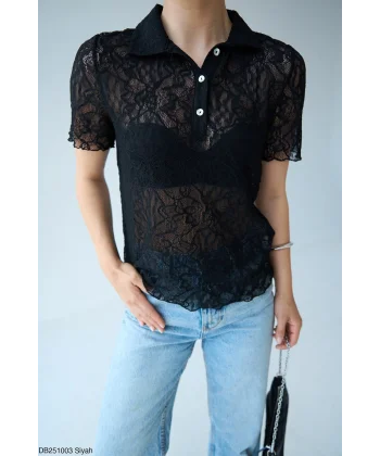Patlı Dantel Detay Siyah Bluz