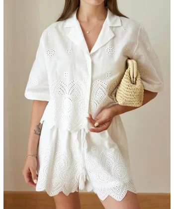 Premium Seri Gömlek Şort Takım-Beyaz