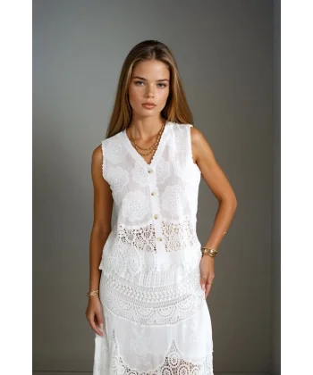 Premium Seri Dantel Detay Yelek-Ekru