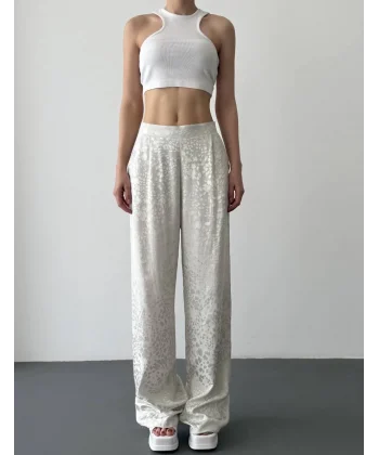Leopar Desenli Saten Pantolon-Ekru