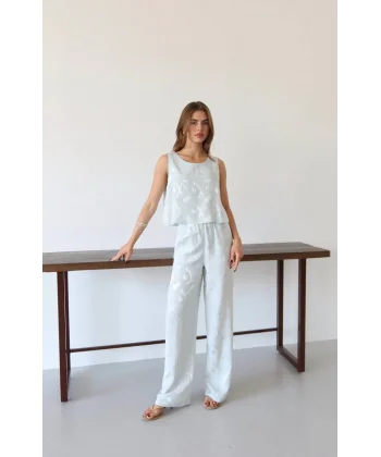 Desenli Jakar Saten Bluz Pantolon Takım-Mavi