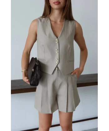 Keten Yelek Şort Takım-Vizon