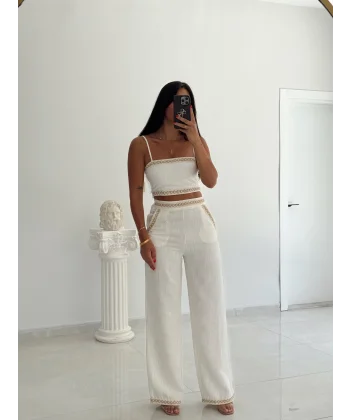 İşleme Detaylı Keten Pantolon-Ekru