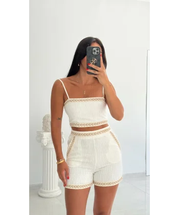 İnce Askılı İşlemeli Keten Büstiyer Bluz