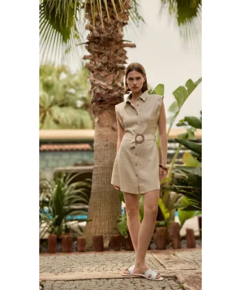 Kemerli Keten Elbise-Naturel