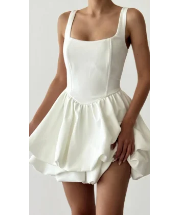 Balen Detaylı Volanlı Mini Beyaz Elbise