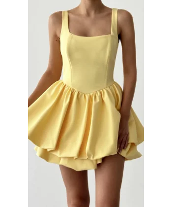 Balen Detaylı Volanlı Mini Sarı Elbise