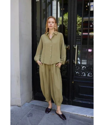 Modal Kumaş Gömlek Pantolon İkili Takım-Haki