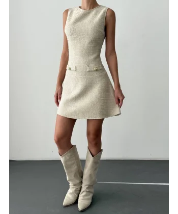 Cep Detaylı Yuvarlak Yaka Tüvit Mini Elbise-Taş