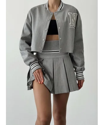 Harf Nakışlı Ribanalı Kısa Bomber Ceket-Gri