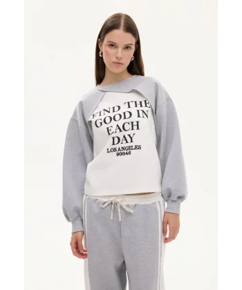 Match Detay Yazılı Bisiklet Yaka Sweatshirt-Gri