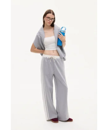 Blok Renkli Beli Lastikli Bol Paça Eşofman-Gri