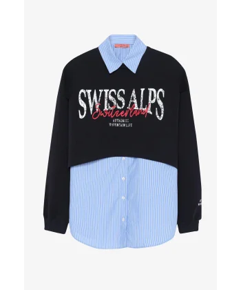 Çizgili Gömlek Garnili Yazı Baskılı Oversize Sweatshirt-Mavi