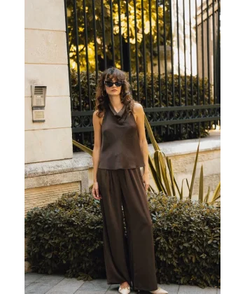 Saten Bluz Pantolon İkili Takım-Kahve