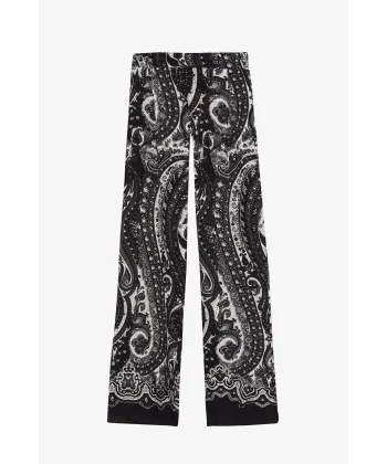 Etnik Desenli Yüksek Bel Bol Paça Pantolon-Siyah