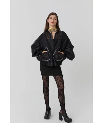 Cep Detaylı Organze Tül Ceket-Siyah