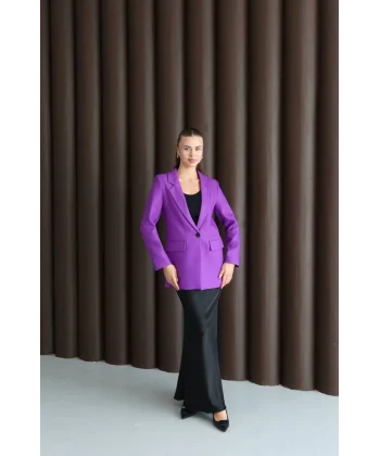 Yün Efekt Tek Düğme Mor Blazer Ceket