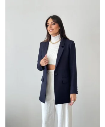 Yün Efekt Tek Düğme Lacivert Blazer Ceket