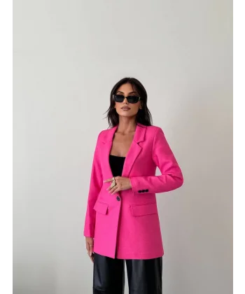Yün Efekt Tek Düğme Fuşya Blazer Ceket