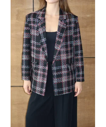 Siyah Kırmızı Kareli Oversize Kruvaze Şanel Ceket