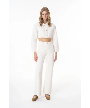 Örgü Detaylı Paçaları Kesik Kot Pantolon Krem