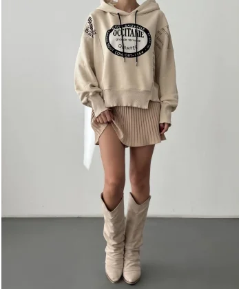 Yırtık Detaylı Yazı Baskılı Oversize Sweatshirt Taş