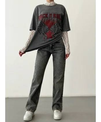 Dantel Garnili Yıkamalı Oversize Tişört Antrasit