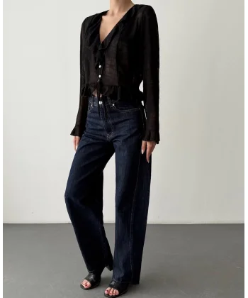 Fırfır Detaylı V Yaka Düğmeli Transparan Bluz Siyah