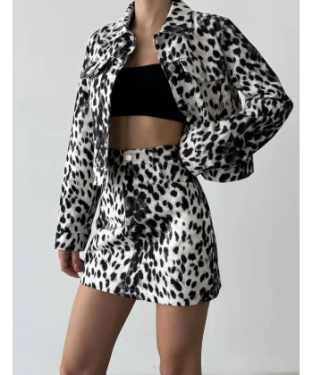 Leopar Desenli Mini Etek Siyah