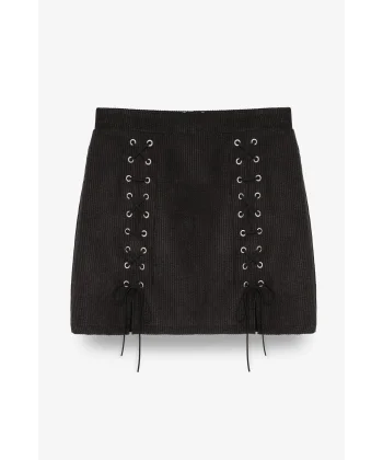 Bağcıklı Kadife Fitilli Mini Etek Siyah