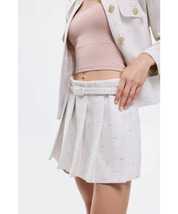 Kemer Detaylı Pileli Tüvit Mini Şort Etek Bej