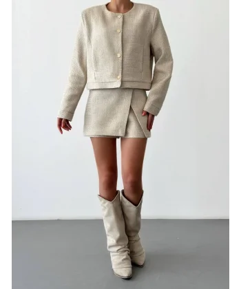 Yuvarlak Yaka Düğmeli Tüvit Ceket Bej