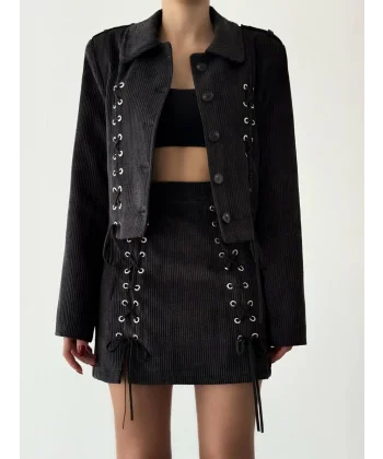 Bağcıklı Kadife Fitilli Siyah Ceket