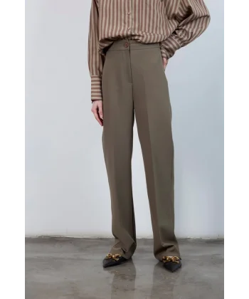 Pilesiz Palazzo Paça Haki Kumaş Pantolon